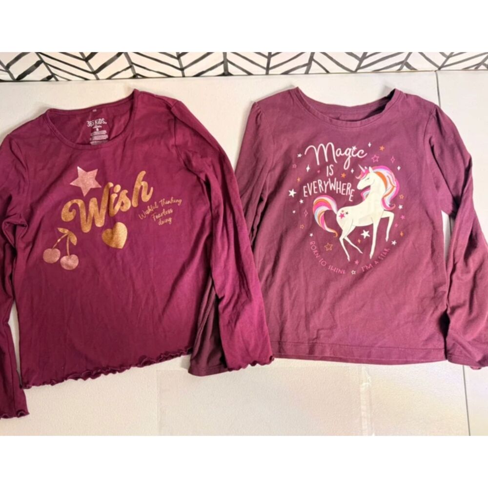 365 Kids Maroon Unicorn & Wishful Thinking Long Sleeve T-Shirts Girls M 7-8 5065